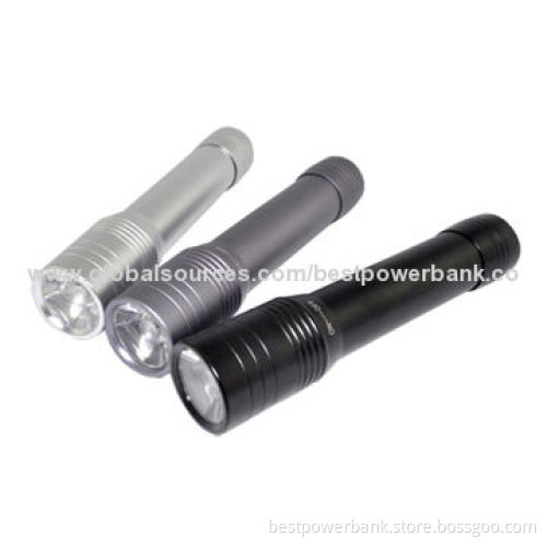 Aluminum Alloy Rechargeable 2,500mAh 5V/1A Flashlight Power Banks, 2-3 Hours Charging Time
